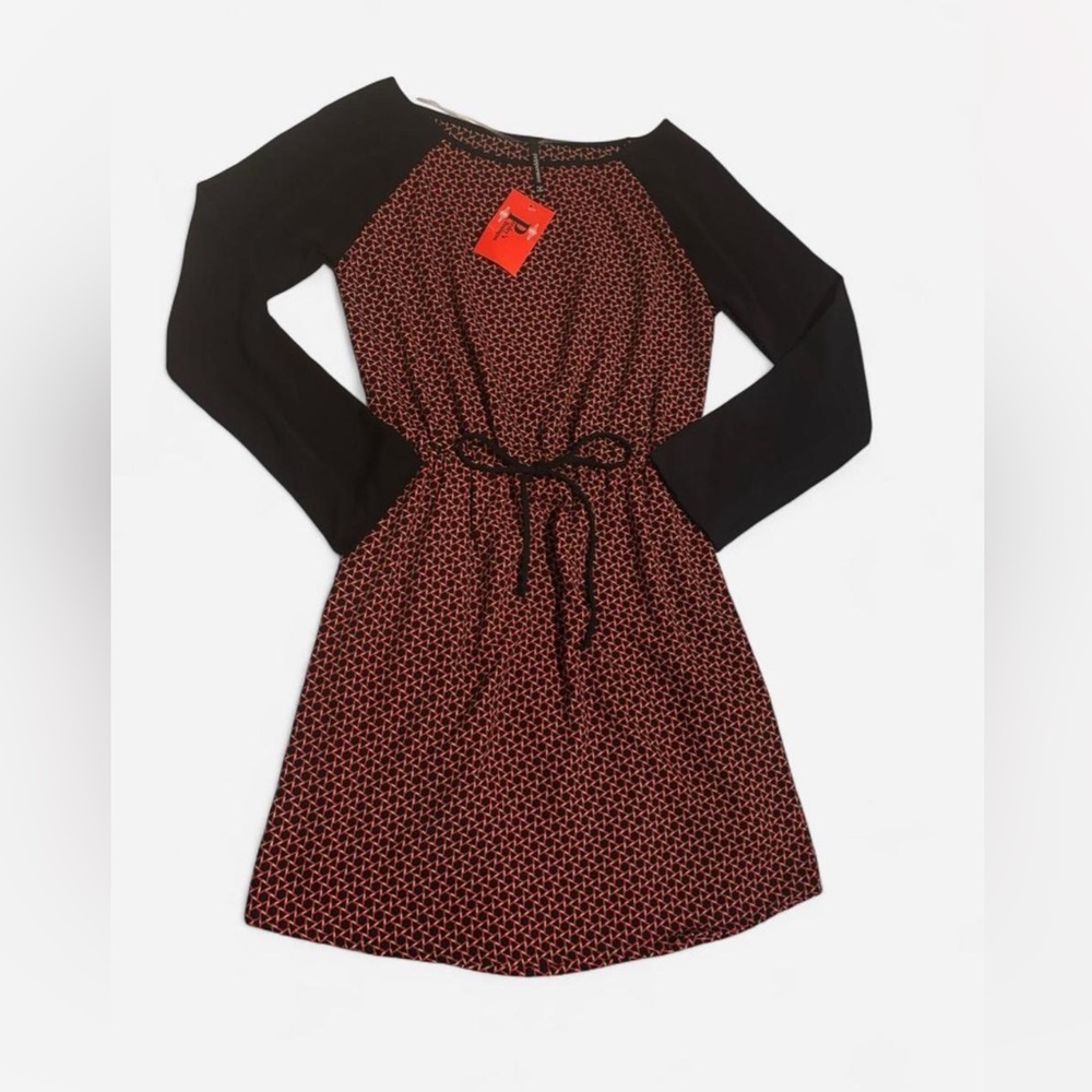 NWT Peppermint sz S Black and Red Long Sleeve Dress blouson tie waist elastic